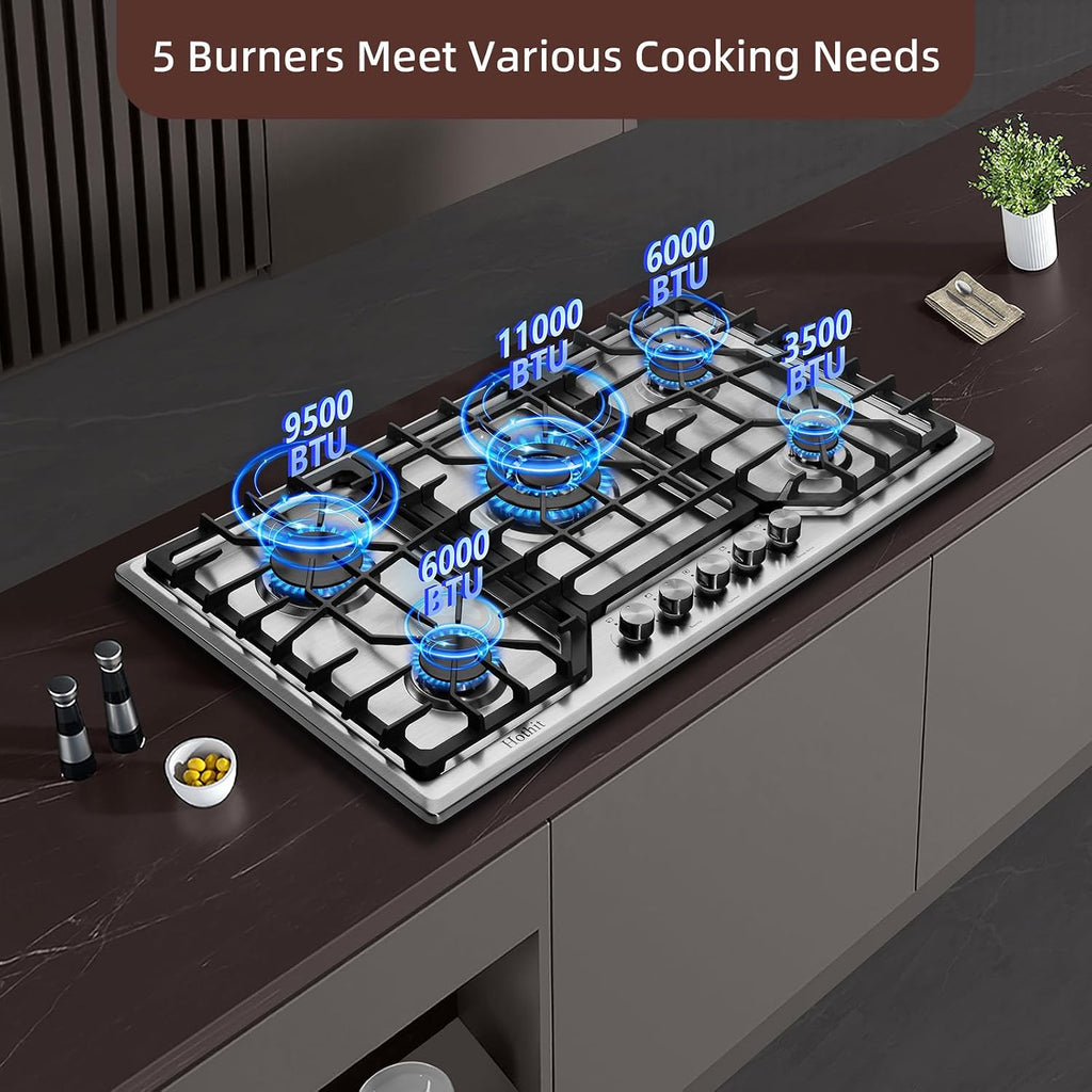 Hothit 5 Burner 36 inch Gas Cooktop, LPG/NG Dual Fuel Built-in Electronic Ignition Propane Stove Top with Pressure Regulator, Stainless Steel Gas Hob for Kitchen, Apartment, Outdoor(AHT36IN10S-SD)