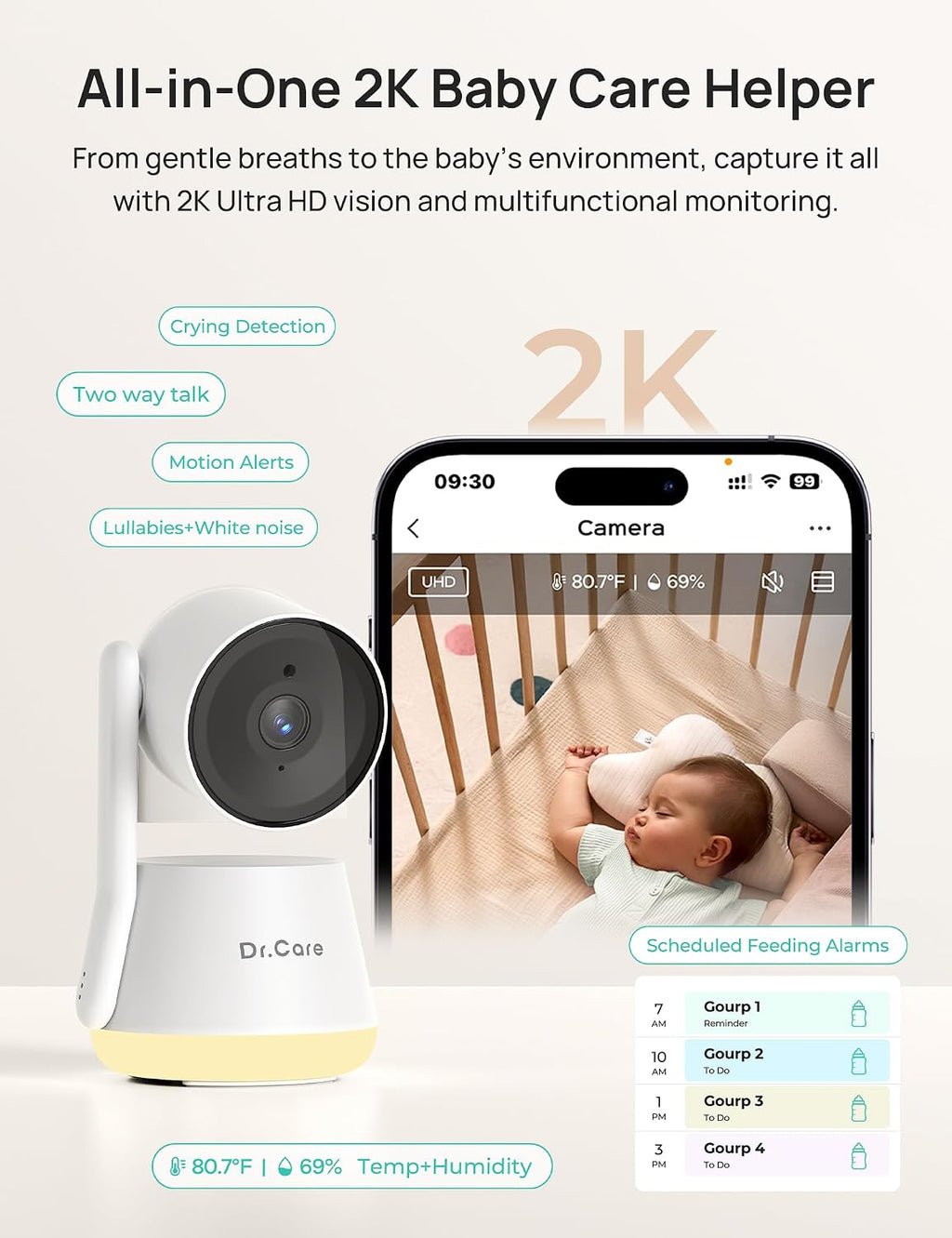 Dr.Care LumiView Smart WiFi Baby Monitor - 5' 1080P FHD & 2K Camera App Control, Privacy Mode, 5000mAh Removable Battery,Cry & Motion Alerts, HD Night Vision, RGB Night Light, Multi-User, 1279ft Range
