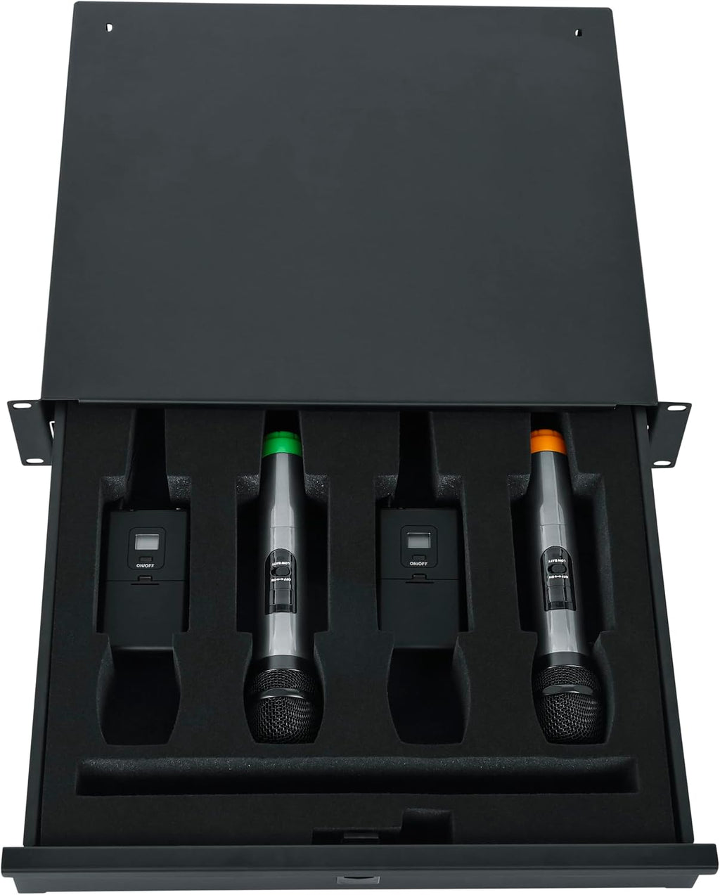 Gator Rackworks Wireless Microphone Rack Mount Drawer - Fits 4 Wireless Microphones and Body Packs, 2U Design (GRW-DRWWRLSS)