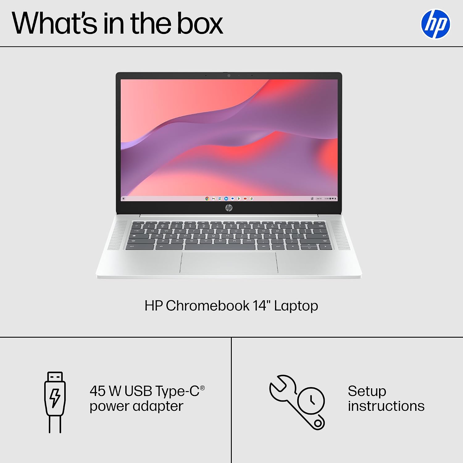 HP Chromebook 14 inch Laptop, HD Display, Intel Processor N100, 4 GB RAM, 64 GB eMMC, Intel UHD Graphics, Chrome OS, Glacier Silver, 14a-nf0019nr