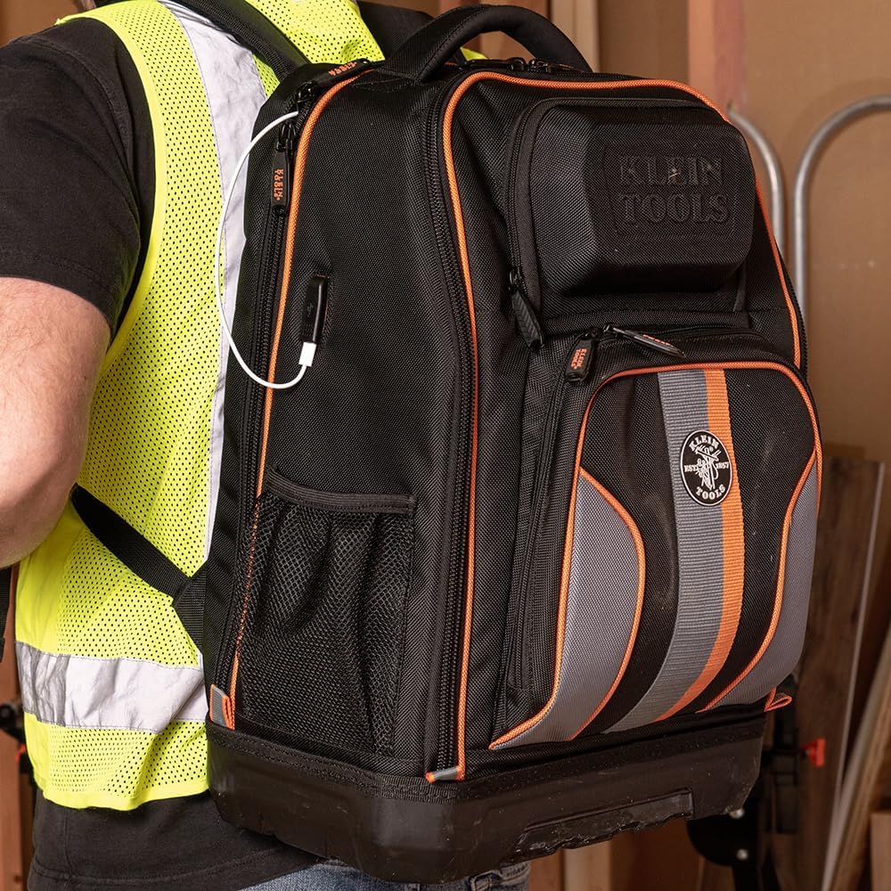 Klein Tools 62805BPTECH 28-Pocket Laptop Backpack Tool Bag, Tradesman Pro Extra-Large Tech Tool Backpack with Molded Bottom, Charging Port