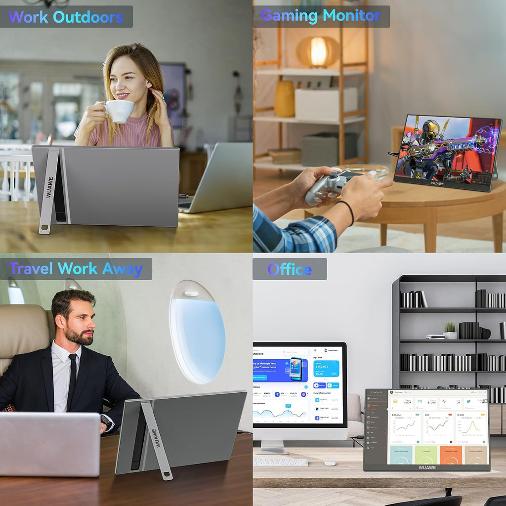 WUAWE 120Hz Portable Monitor, 100% sRGB 16 Inch Portable Gaming Monitor with Built-in Stand, HDR and Freensync, External USB C Monitor for Laptop, PC, Phone, Switch and PS5 (Silver)