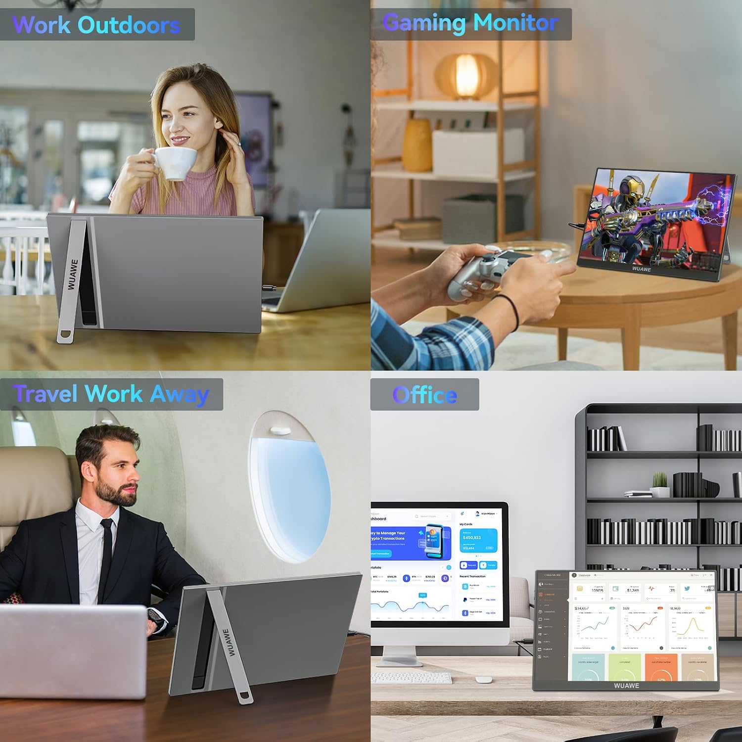 WUAWE 120Hz Portable Monitor, 100% sRGB 16 Inch Portable Gaming Monitor with Built-in Stand, HDR and Freensync, External USB C Monitor for Laptop, PC, Phone, Switch and PS5 (Silver)