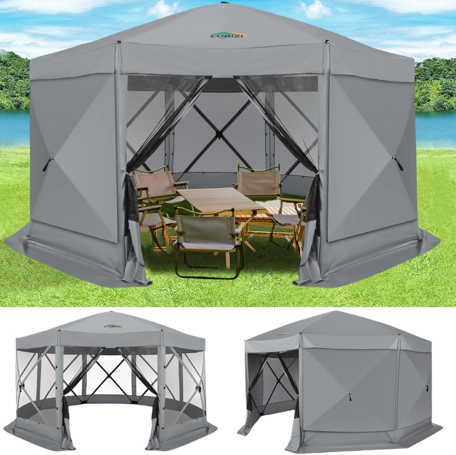 COBIZI 15x15 FT Pop Up Gazebo - Canopy Tent, Large Gazebos On Clearance with Sidewalls, Screened in Gazebo,carpas para Patio,Portable Screen Tents for 12-15 Persons Outdoor Camping, Backyard, Gray