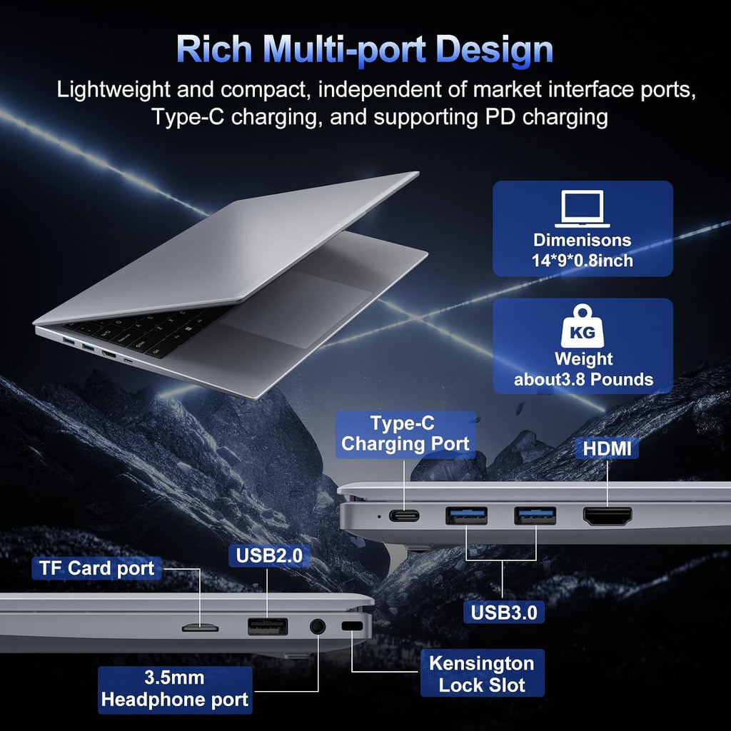 2026 Silver Laptop, Pentium Gold 6500Y Processor(Up to 3.4 GHz),8GB RAM 256GB SSD,14 Inch FHD IPS Display, 5000mAh Battery,Type-C