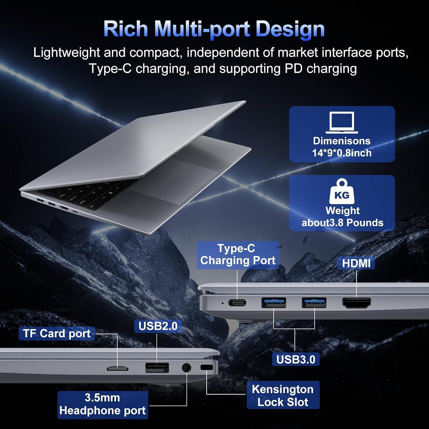 2026 Silver Laptop, Pentium Gold 6500Y Processor(Up to 3.4 GHz),8GB RAM 256GB SSD,14 Inch FHD IPS Display, 5000mAh Battery,Type-C