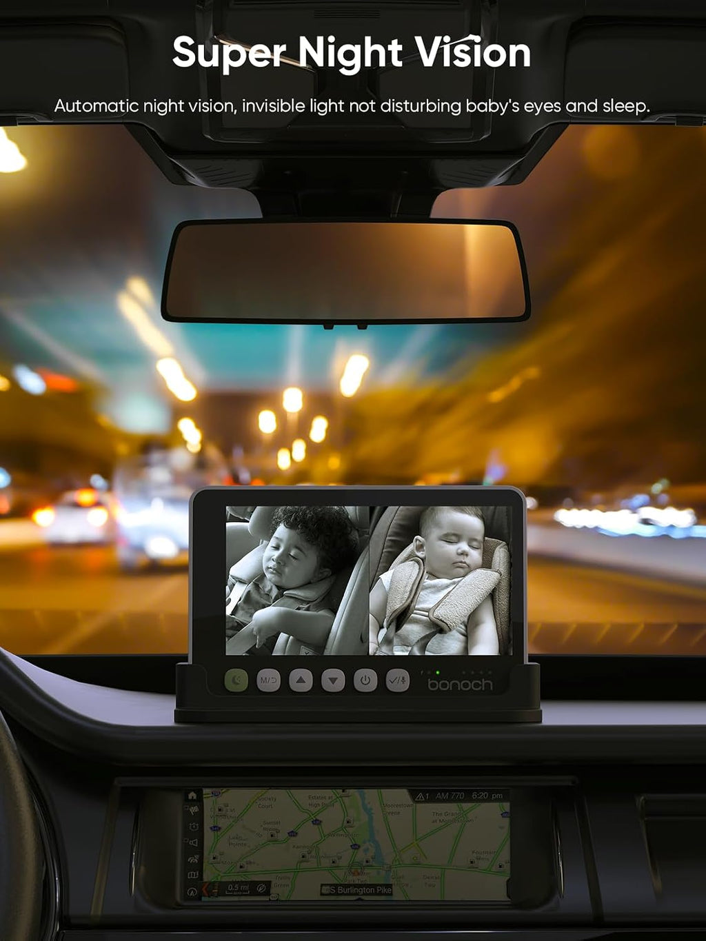 bonoch 5' 1440P Baby Car Camera for 2 Kids - 360° Rotating Adjustable Wide View Dual Cameras, Split Screen Night Vision, Easy Setup Car Seat Monitor, USB Powered with Charger, Shower Gift for Parents