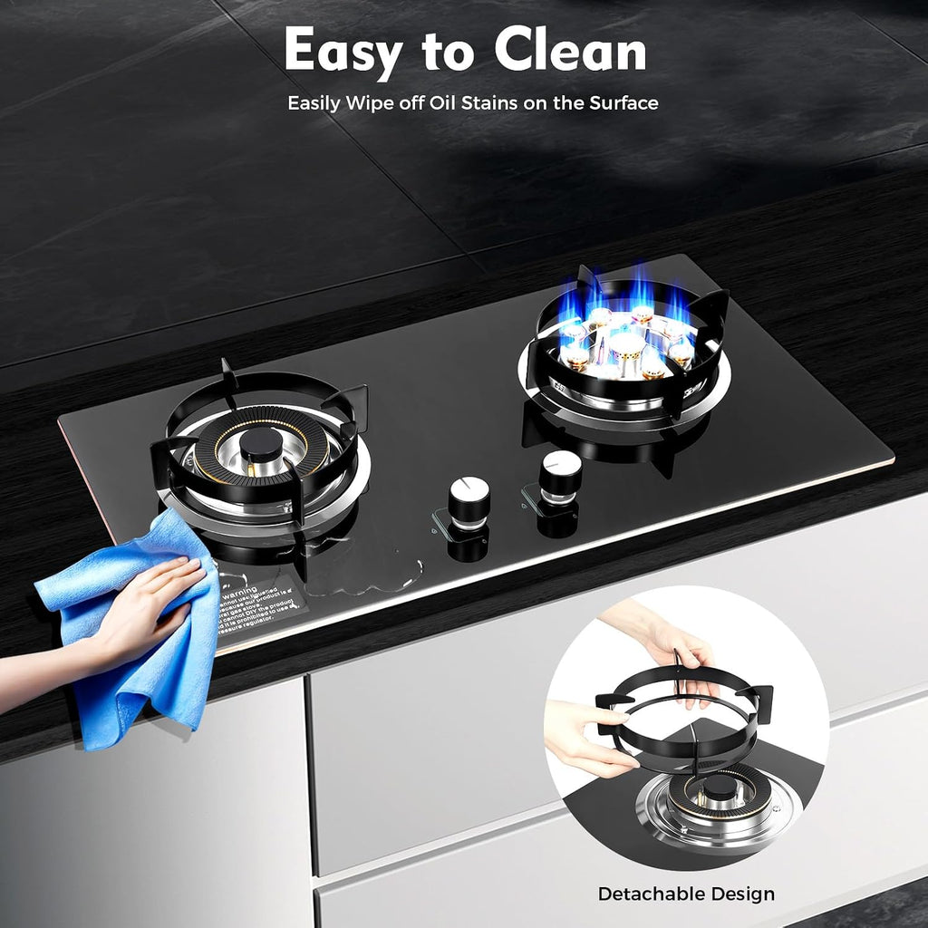 28' Black Gas Cooktop 2-Burner Cooktops with Strong Flame Natural Gas Stove, Built-In Countertop Gas Stovetop Cooktops Gas Cooker for Griddle, Pan