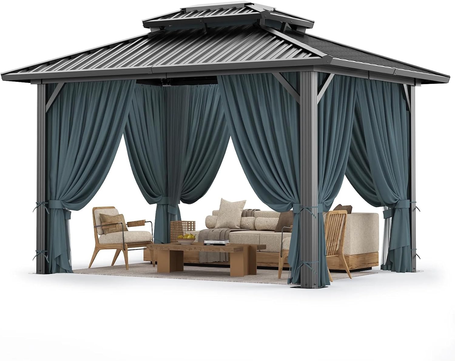 COBIZI 10x12 Hardtop Gazebo Aluminum Metal Gazebos Galvanized Steel Double Roof Permanent Hardtop Gazebo with Netting and Curtains Aluminum Frame Steel Gazebos for Deck, Lawns and Backyard, Black