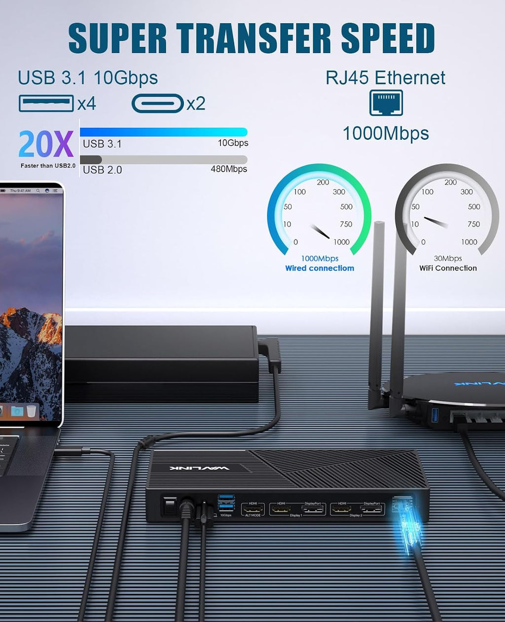 WAVLINK USB-C Triple Monitor Docking Station, 3 * 4K@60Hz for MacBook M1-M5/Neo & Windows – 100W PD, 3×HDMI/2×DisplayPort, 6x10Gbps USB Ports, Gigabit Ethernet, Ideal for Workstation & Home Offic