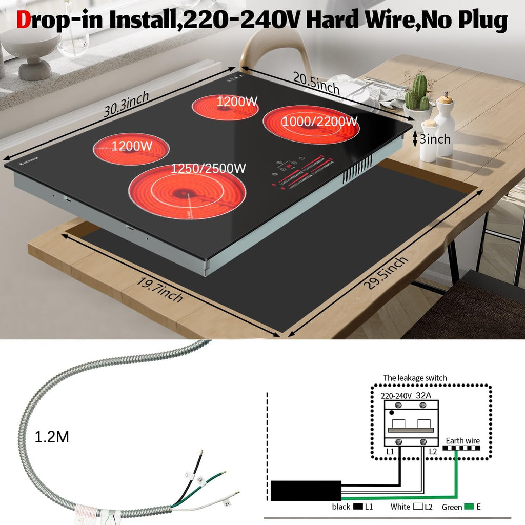 Karinear 4 Burner Electric Cooktop 30 Inch, 240V Radiation Stove Top 30 Inch Built-in Install, 7100W Electric Ceramic Cooktop with Slide Control, Timer, Child Safety Lock, Expandable Burner(No Plug)