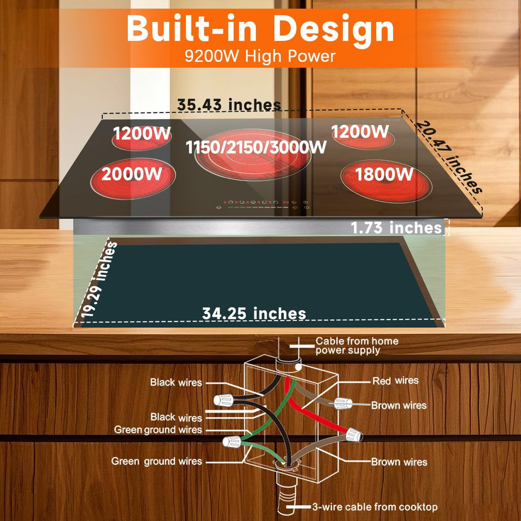 Noxton 36 Inch Electric Cooktop 5 Burners, 9600W Built-in Electric Stove Top, Flexible Bridge & Triple Elements, Pause, Timer, Child Safety Lock,Touch Control Ceramic Cooktop for 220-240V Hard Wire