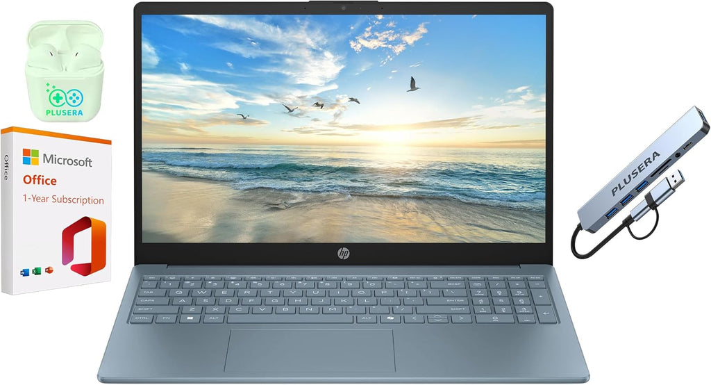 HP 15.6' Business Laptop with 1-Year Microsoft Office 365 with Copliot AI, Quad-Cores Intel Processor, Windows 11, PLUSERA Earphones & 8-in-1 Hub Included, Moonlight Blue (Moonlight Blue, 8GB RAM)