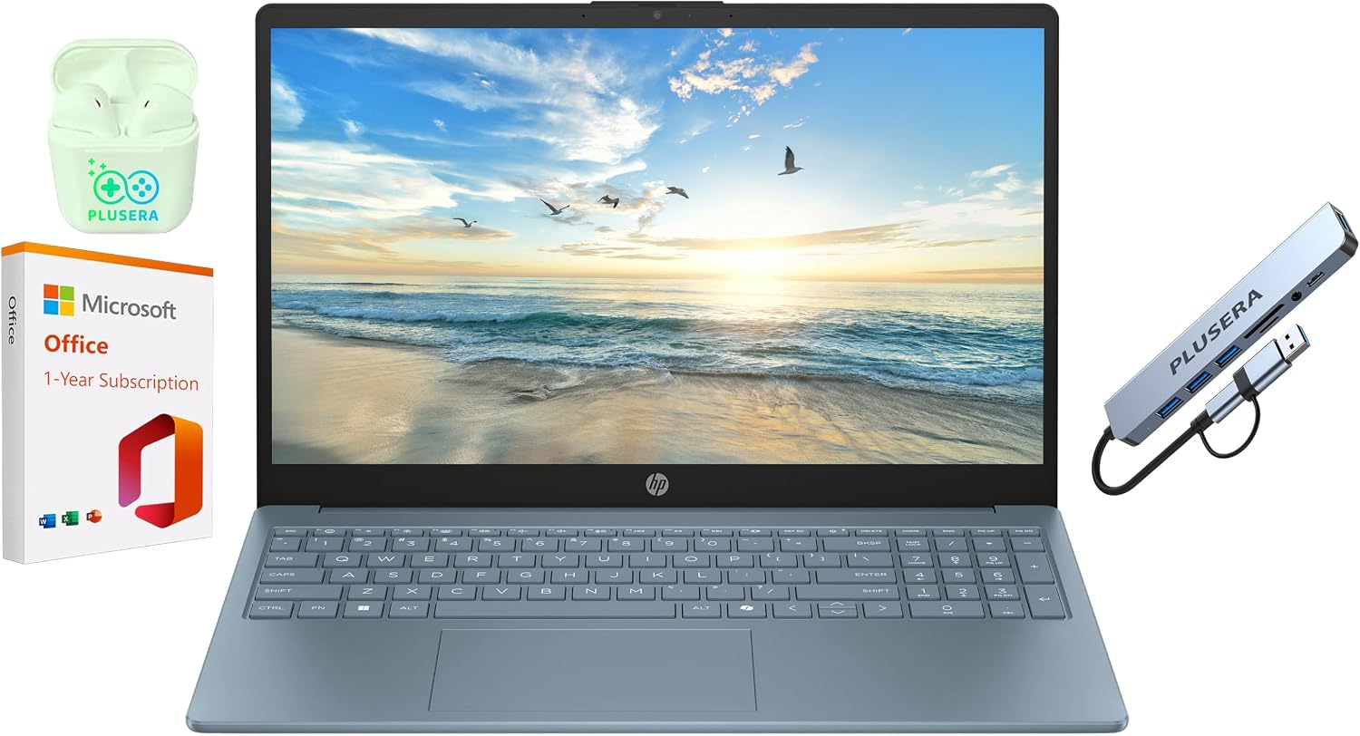 HP 15.6' Business Laptop with 1-Year Microsoft Office 365 with Copliot AI, Quad-Cores Intel Processor, Windows 11, PLUSERA Earphones & 8-in-1 Hub Included, Moonlight Blue (Moonlight Blue, 8GB RAM)