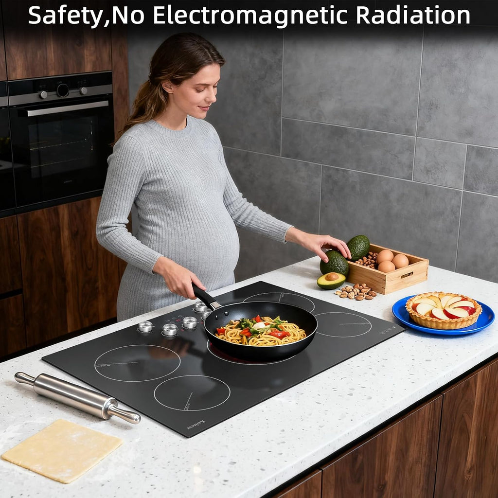 Karinear Electric Cooktop 30 Inch, 5 Burner Radiant Cooktop with Knob & Touch Control, 8500W 240V Built-in Stove Top, 9 Power Levels, Timer, Child Lock, Pause, Residual Heat Indicator(Sliver Knob)