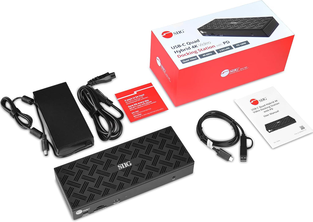 SIIG USB-C Quad 4K 60Hz Docking Station with 100W PD - Quad 4K@60Hz Monitor Laptop Dock - DisplayLink - 4 HDMI 4 DisplayPort, 4X USB-A, 2X USB-C, Thunderbolt 3 Compatible, 2.5 Gigabit Ethernet