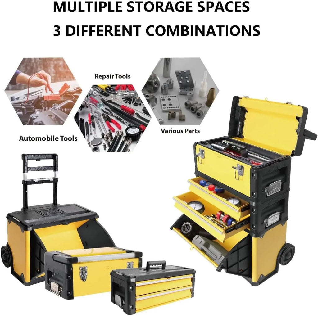 Tool Box Stackable Portable Metal Tool Box Organizer with Wheels and 2 Drawers, Rolling Upright Trolley Tool Chest Tool Storage(Yellow)