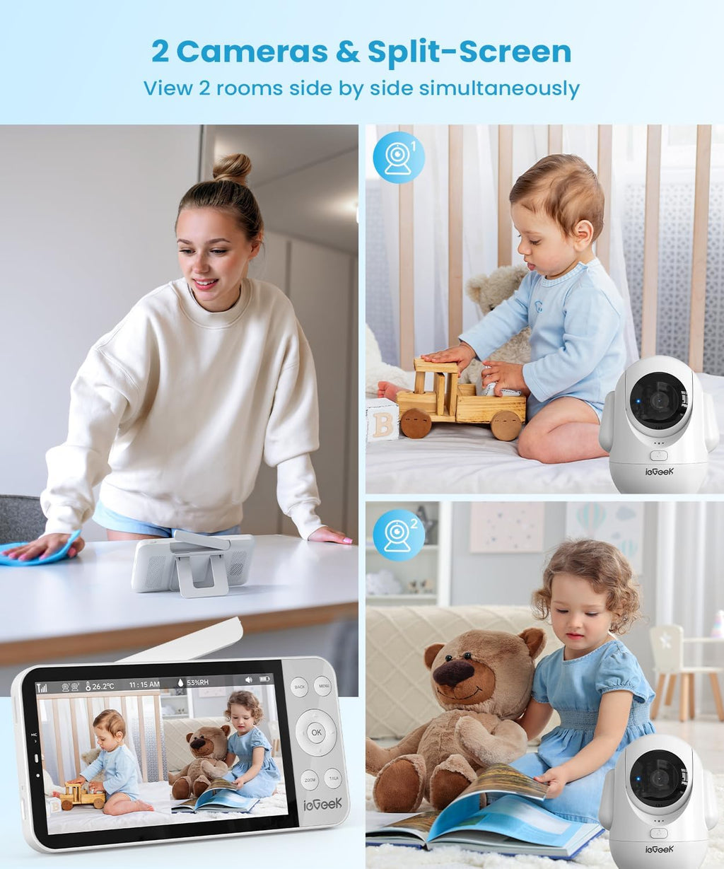ieGeek 5.5'' Split-Screen Baby Monitor,2.5K UHD Baby Monitor with 2 Cameras and Audio,Night Light,Prone Sleeping&Cry Detection,Two-Way Talk,Night Vision,2.4G&5Ghz WiFi App Control,4000mAh Battery