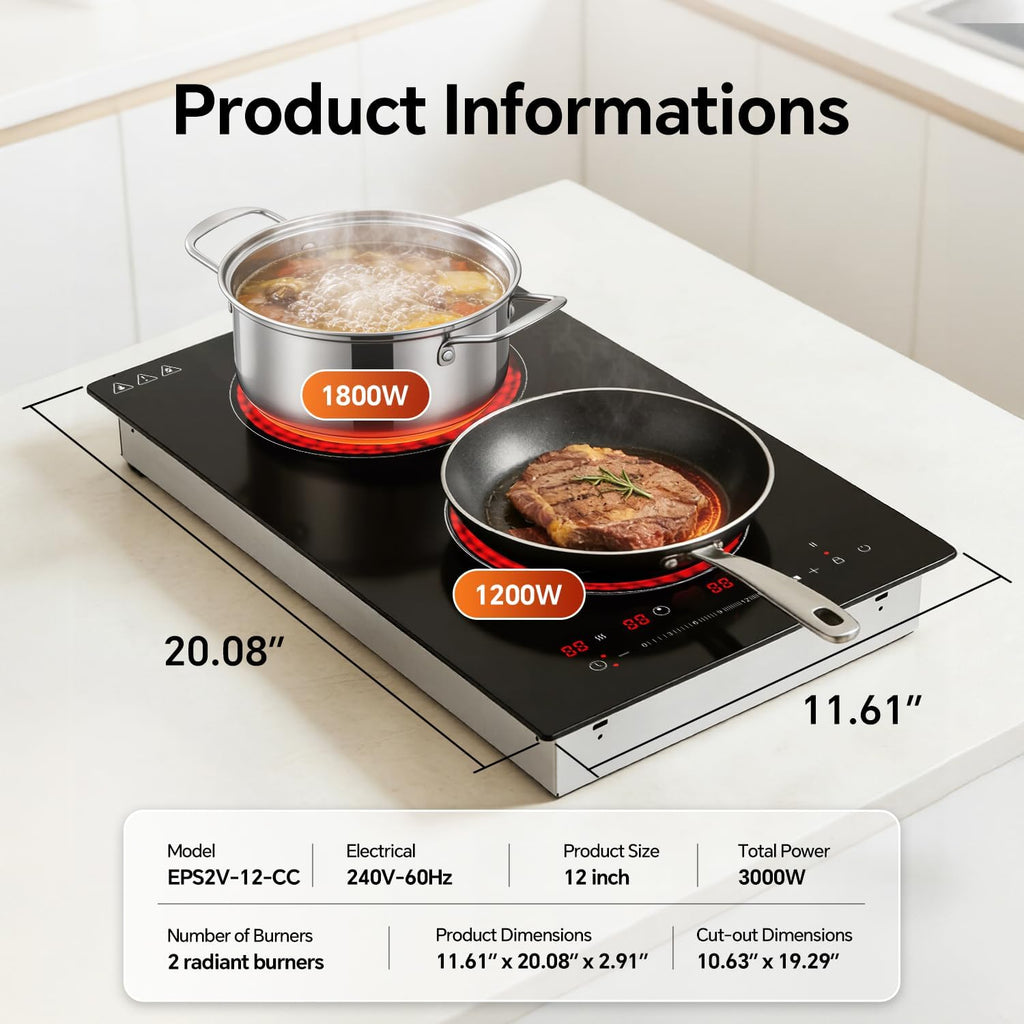 Ranein 12 Inch 2 Burner Electric Cooktop, Max 3000W 240V Ceramic Panel Built-in Electric Stove Top, with Child Safety Lock, Timer, Over-Temperature Protection