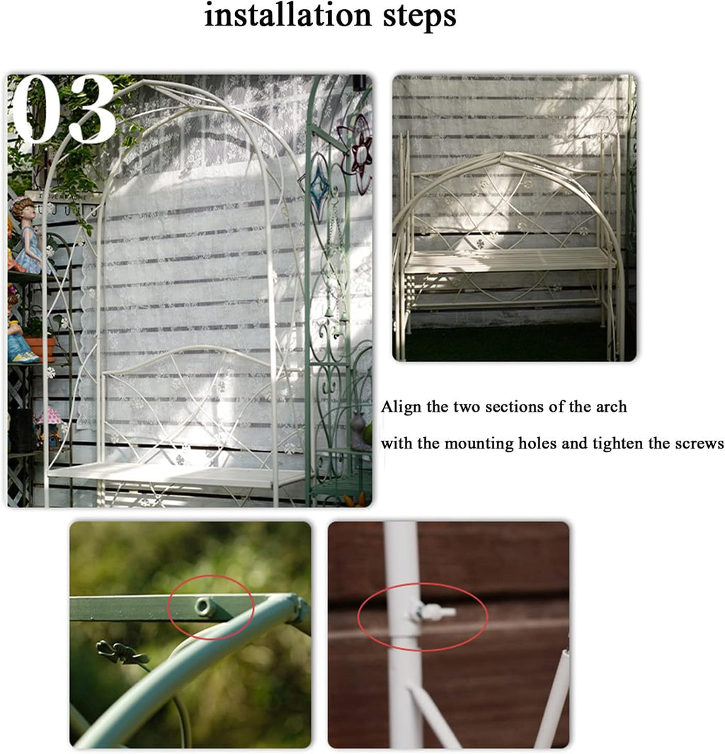 Outdoor courtyard wrought iron arch pavilion with garden benches Garden rose arch pergola Outdoor wedding decoration arch aisle Used for climbing planting backyard terrace party decoration (White)