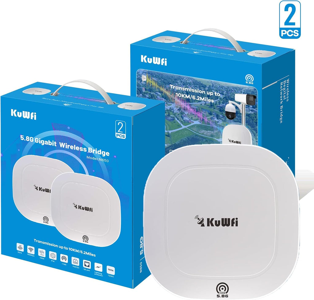 KuWFi 5.8G Gigabit Point to Point WiFi Bridge Kit,TDMA 10KM Long Range Outdoor Point to Point Wireless Bridge CPE, Extending WiFi to outbuildings，Support Starlink Router/Camera