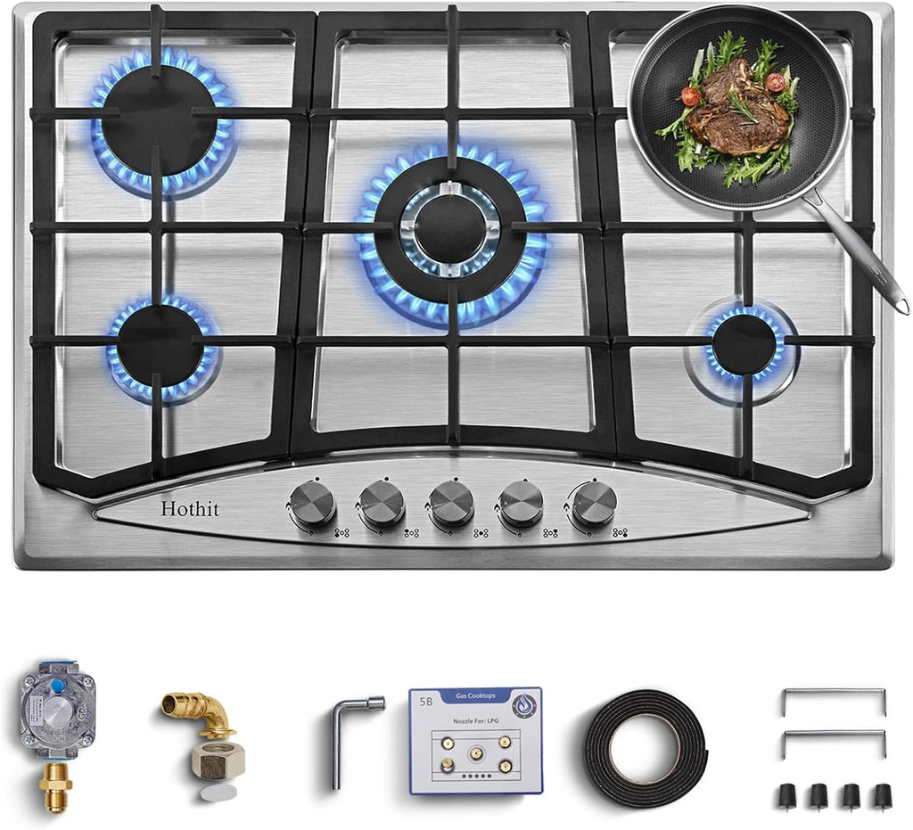 Hothit 5 Burner 30 inch Gas Cooktop, LPG/NG Dual Fuel Built-in Electronic Ignition Propane Stove Top with Pressure Regulator, Stainless Steel Gas Hob for Kitchen, Apartment, Outdoor(AHT30IN30S)