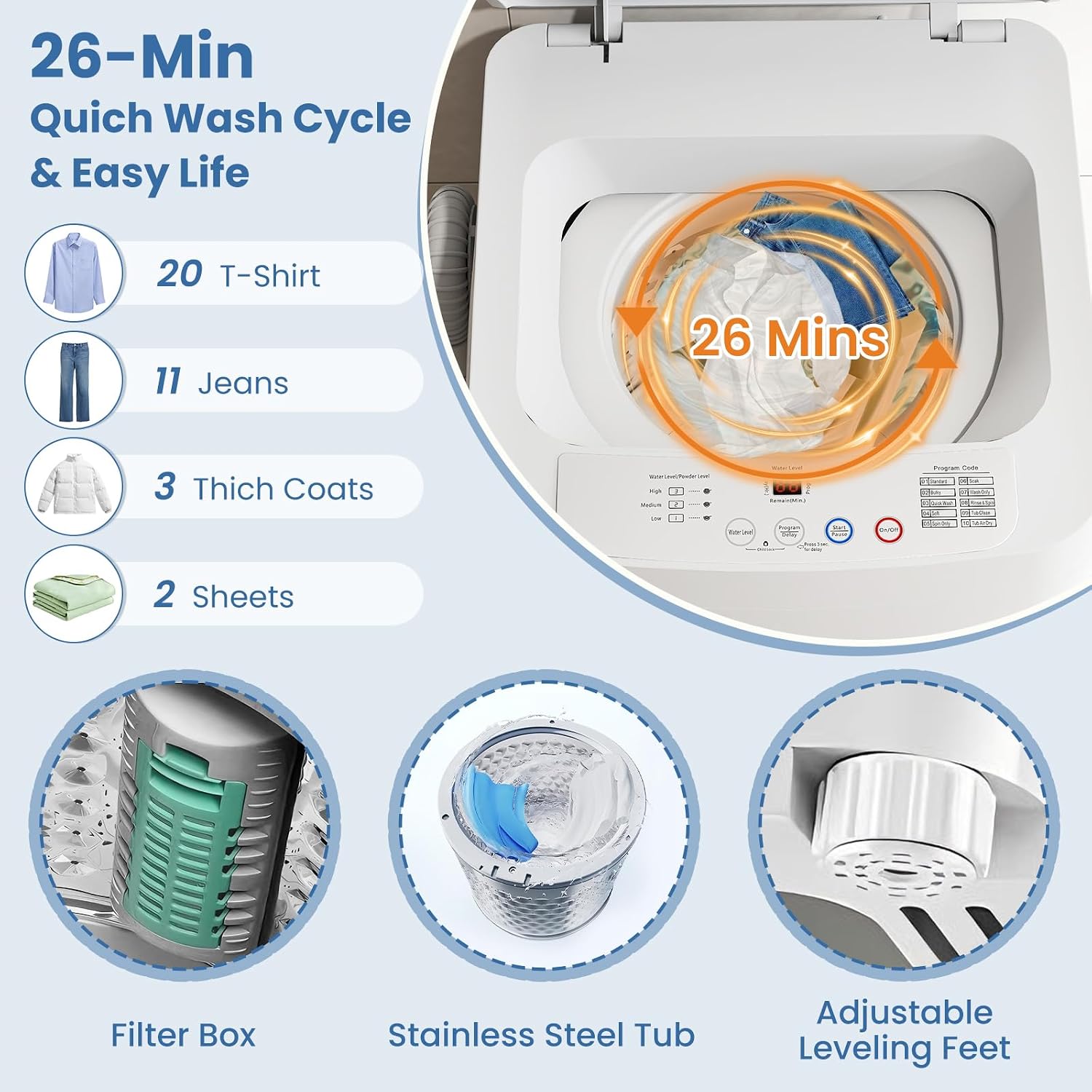 VCJ 17Lbs Portable Washing Machine, Full-Automatic Top Load Washer with 10 Wash Cycles, 3 Water Levels & LED Display, Compact Electric Laundry Washer for Apartment, Dorms, RVs and Camping