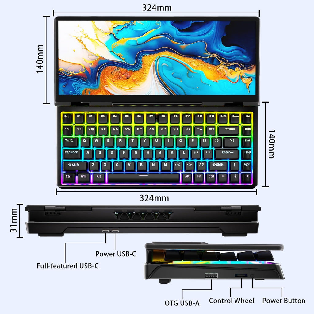 12.8' Portable Monitor Touchscreen with Mechanical Keyboard Stretched Bar Screen Extender RGB Backlit Hot-Swap USB-A Type-C Monitor for Laptop Desktop Mini PC MacBook (Driver Need)
