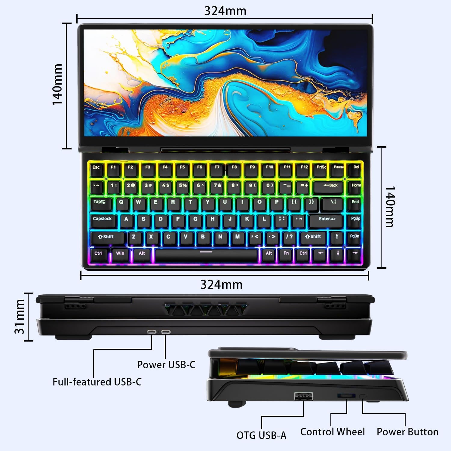 12.8' Portable Monitor Touchscreen with Mechanical Keyboard Stretched Bar Screen Extender RGB Backlit Hot-Swap USB-A Type-C Monitor for Laptop Desktop Mini PC MacBook (Driver Need)
