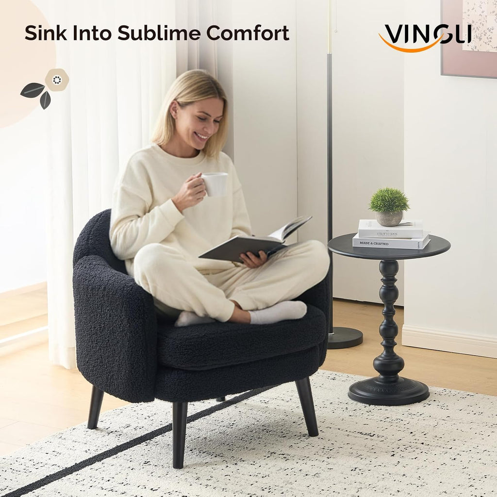 VINGLI 30.3' Wide Modern Barrel Accent Armchair with Track Armrest, Solid Wooden Legs, Comfy Upholstered Club Chair, Round Single Home Sofa for Living Room, Bedroom, Reading Room,Teddy Fleece Black