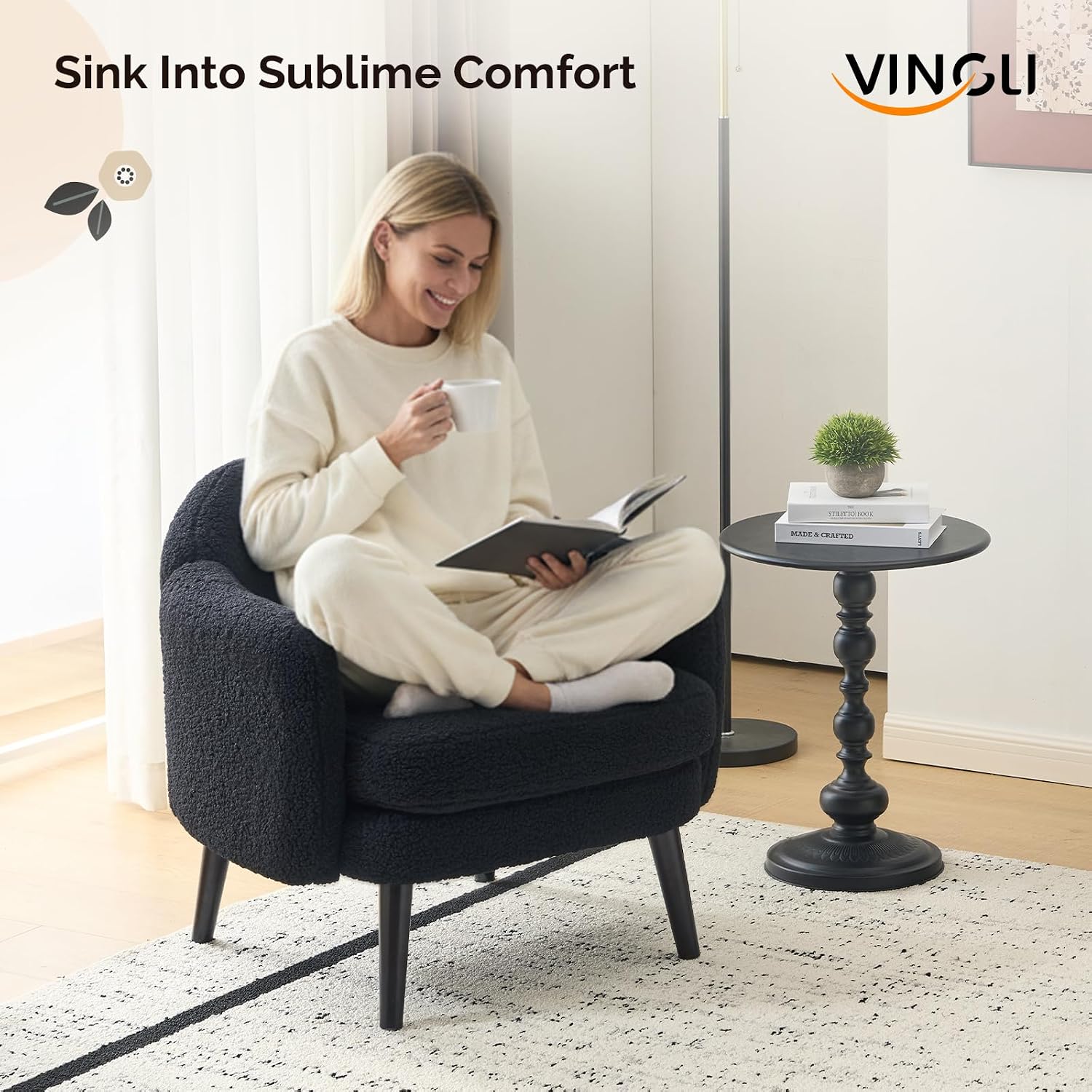 VINGLI 30.3' Wide Modern Barrel Accent Armchair with Track Armrest, Solid Wooden Legs, Comfy Upholstered Club Chair, Round Single Home Sofa for Living Room, Bedroom, Reading Room,Teddy Fleece Black