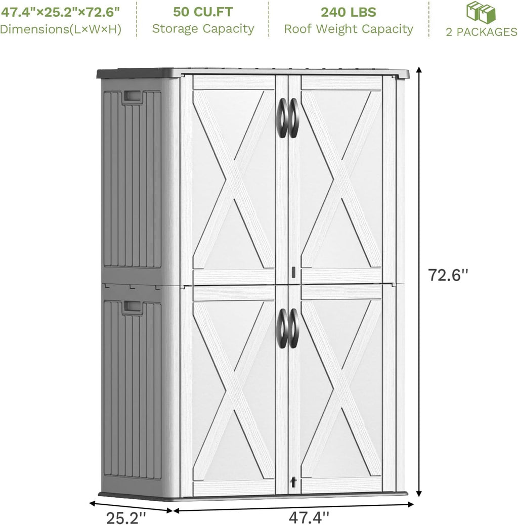 Patiowell 50 Cu.ft Outdoor Storage Cabinet with Lockable Door, Waterproof Horizontal Storage Shed for Tools and Patio Furniture, All-Weather Resin Shed Easy Assemble for Pool or Backyards, White
