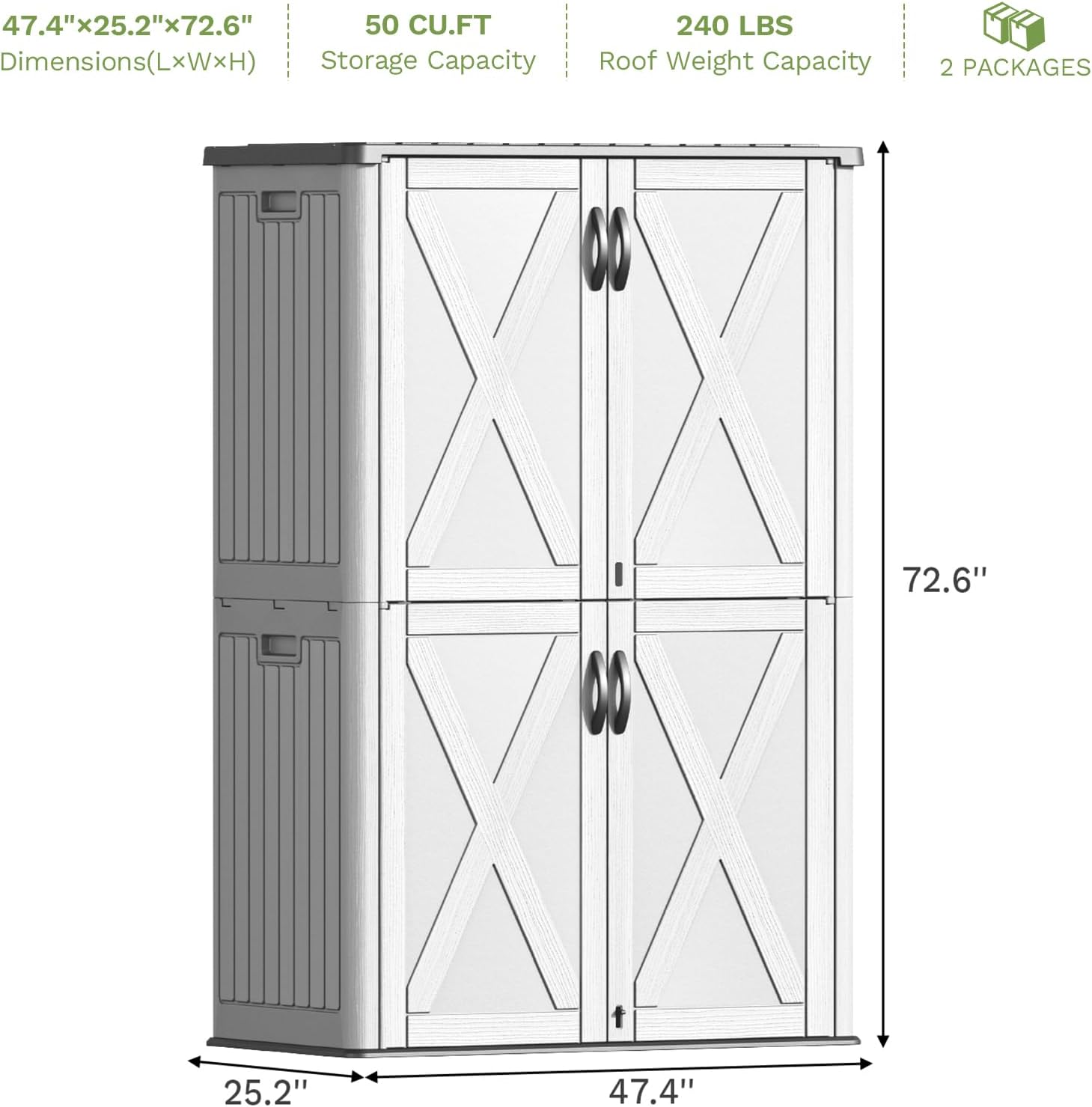 Patiowell 50 Cu.ft Outdoor Storage Cabinet with Lockable Door, Waterproof Horizontal Storage Shed for Tools and Patio Furniture, All-Weather Resin Shed Easy Assemble for Pool or Backyards, White