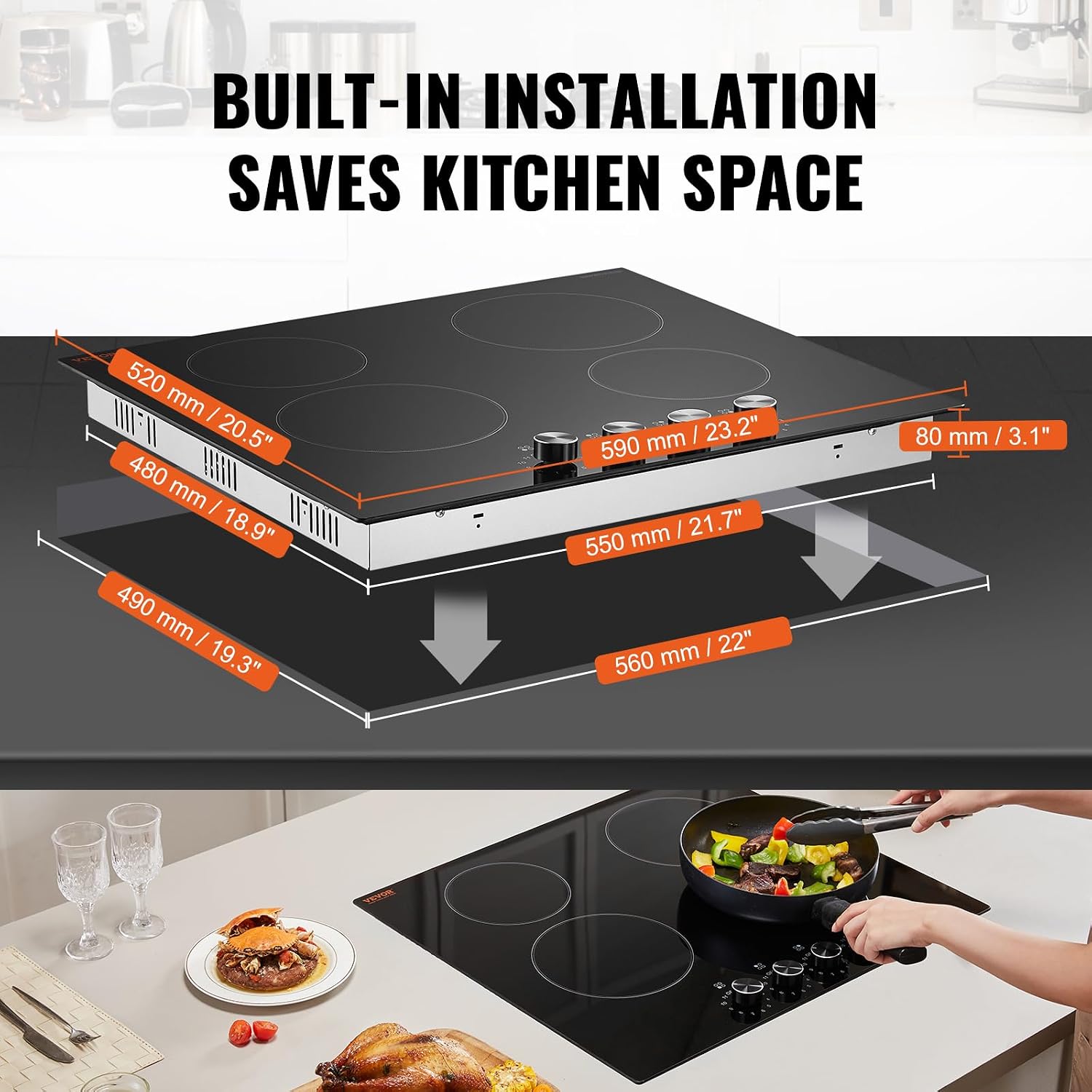 VEVOR Electric Ceramic Cooktop, Built-in Electric Stove Top, with Glass Panel, Knob Control, 11 Heat Levels, for Diverse Cooking Requirements (24inch-4burners/220V)