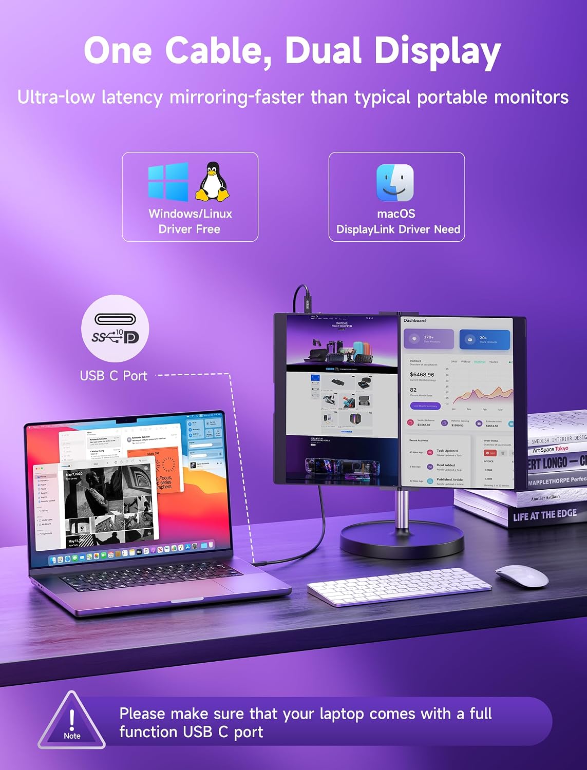 JSAUX FlipGo Pro 13.5' Dual Portable Monitors, 2.2K Triple Laptop Screen Extender, Portable IPS Dual-Screen Monitor for Laptop[for Windows/Linux/macOS] One Cable to Dual/Magnetic Design/DisplayLink