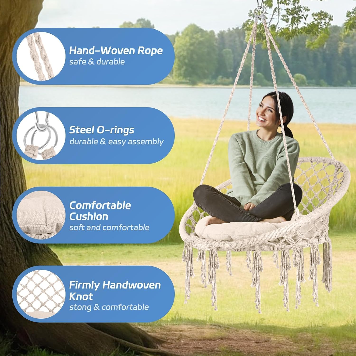 Hammock Chair, 330Lbs Swing Chair for Bedroom, Swing Chair with Comfy Cushion, Hanging Chair, for Bedroom, Porch, Adults, Balcony (Beige 2PCS)