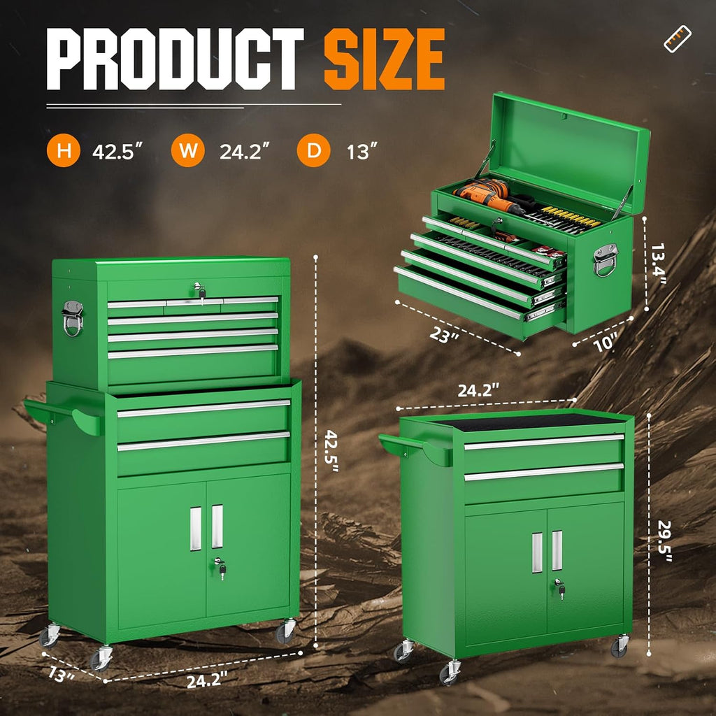 8-Drawer Rolling Tool Chest - Heavy-Duty Steel Tool Cabinet with Detachable Top Box, Locking Wheels & Security System for Garage/Workshop, 2-in-1 Design (Green)