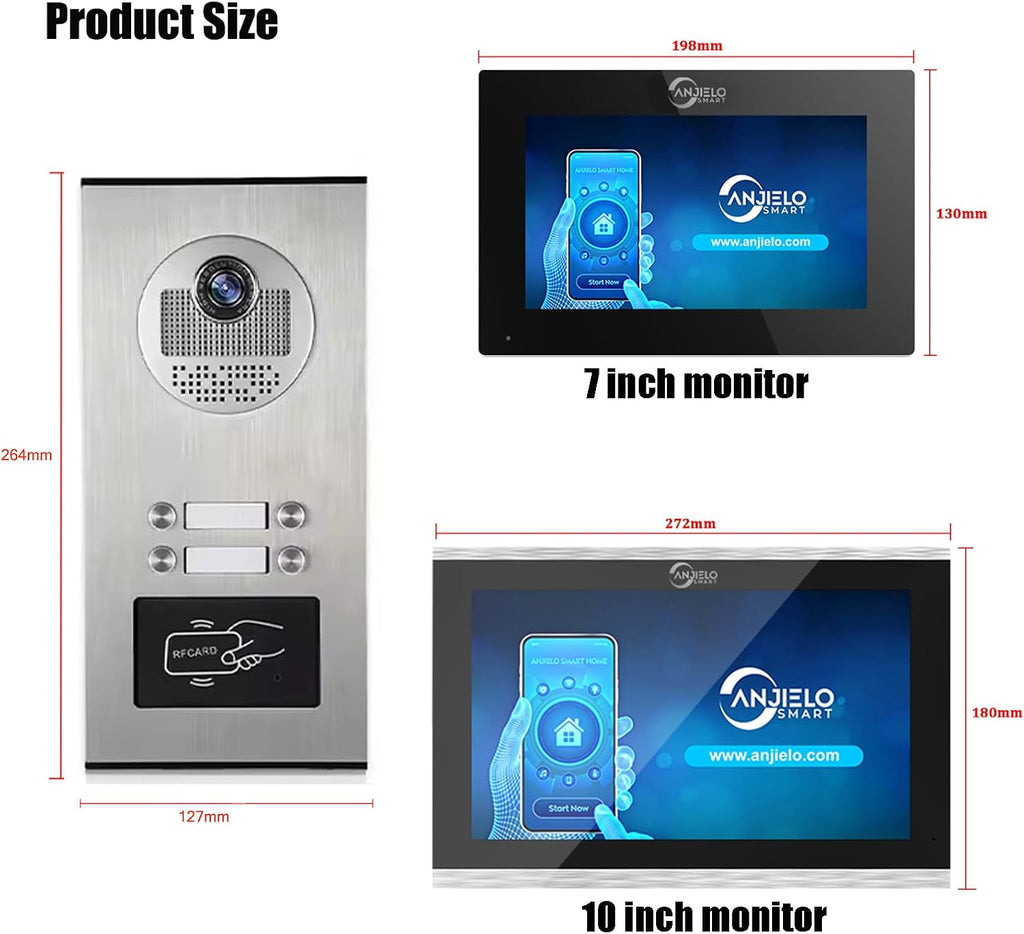 Wired Apartment Video Intercom System,1080P HD Video Doorbell, Compatible with 4 Units 7-inch Touchscreen,Supports Motion Detection,Two-Way Audio,Tuya Smart Home