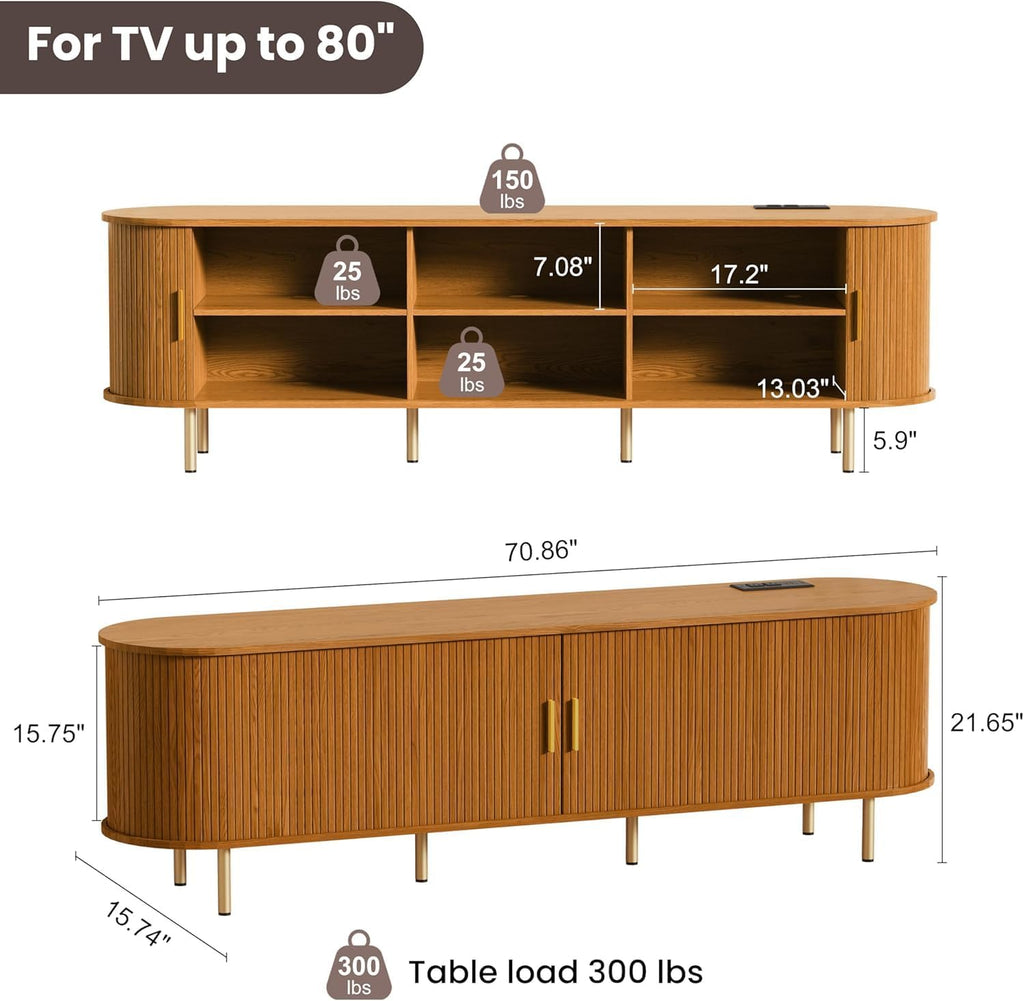 DHH 70.8 Inch Mid Century Modern TV Stand with Power Outlet for TVs up to 80 Inch, Entertainment Center with Storage and Adjustable Shelves, Media Console with Sliding Doors for Living Room(Yellow)