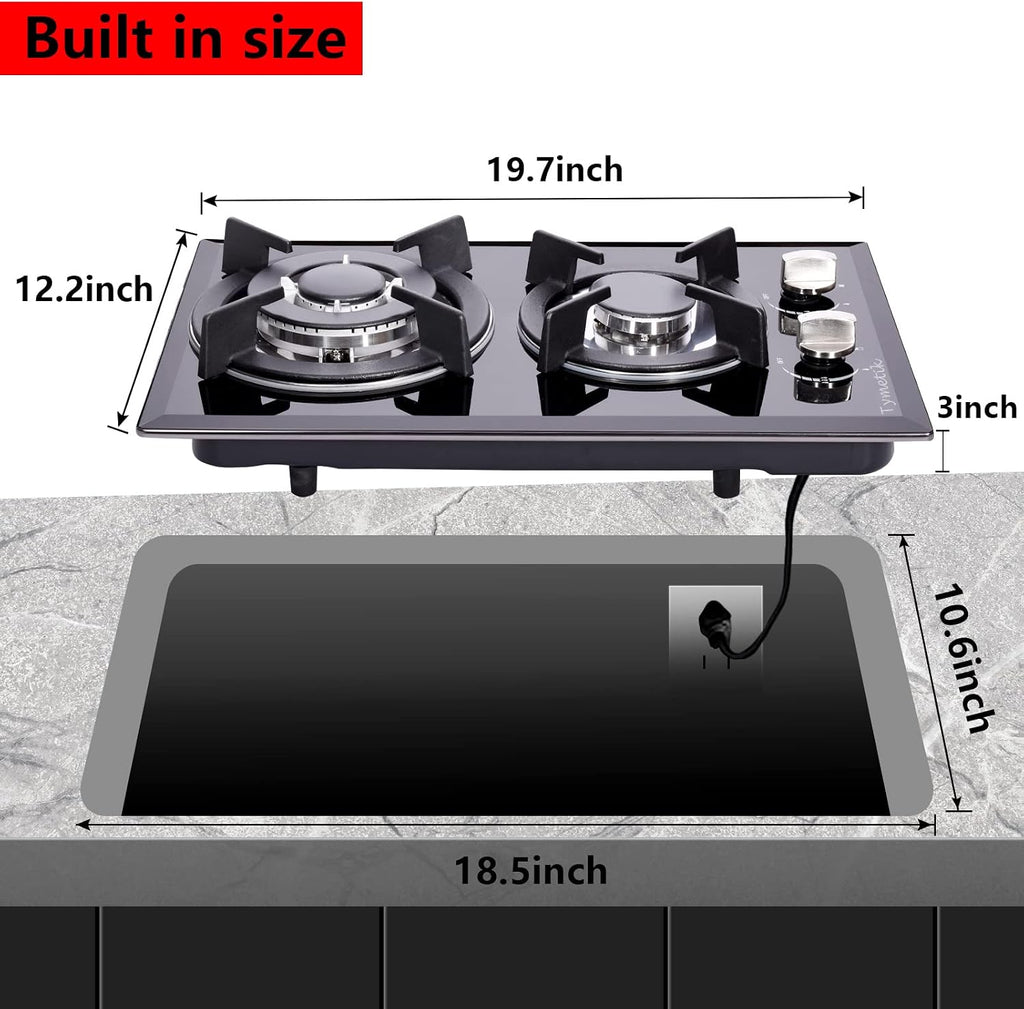 12 Inch Gas Cooktop - 2 Burner Built-in Stovetop with Tempered Glass, LPG/NG Convertible Dual Fuel, Ideal for RVs, Apartments, Outdoor