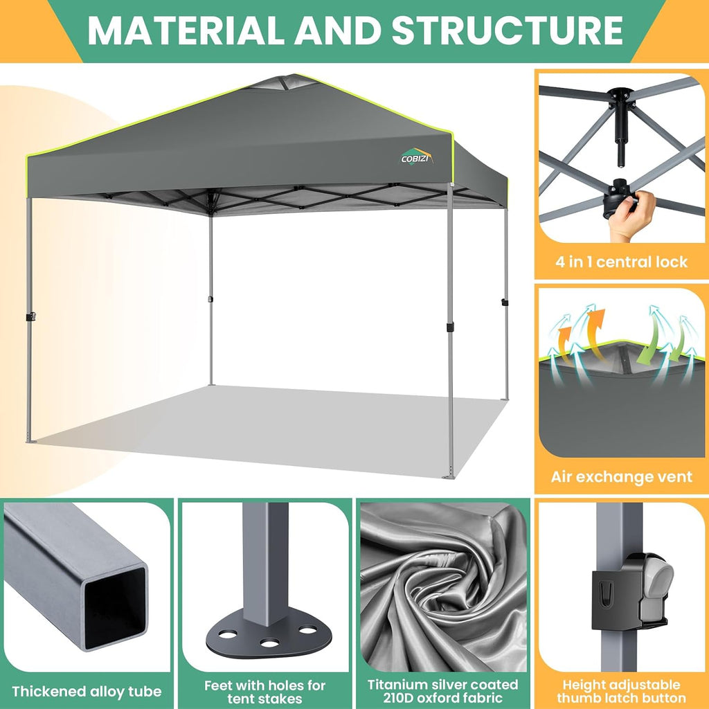 COBIZI 10x10 Pop Up Canopy Tent, Outdoor Party Tent with 4 Sidewall One Push Setup Glow, 3 Adjustable Height Air Vent Waterproof UPF50+, Bag, 4 Sandbag, 8 Stake, 4 Rope for Beach, Commercial