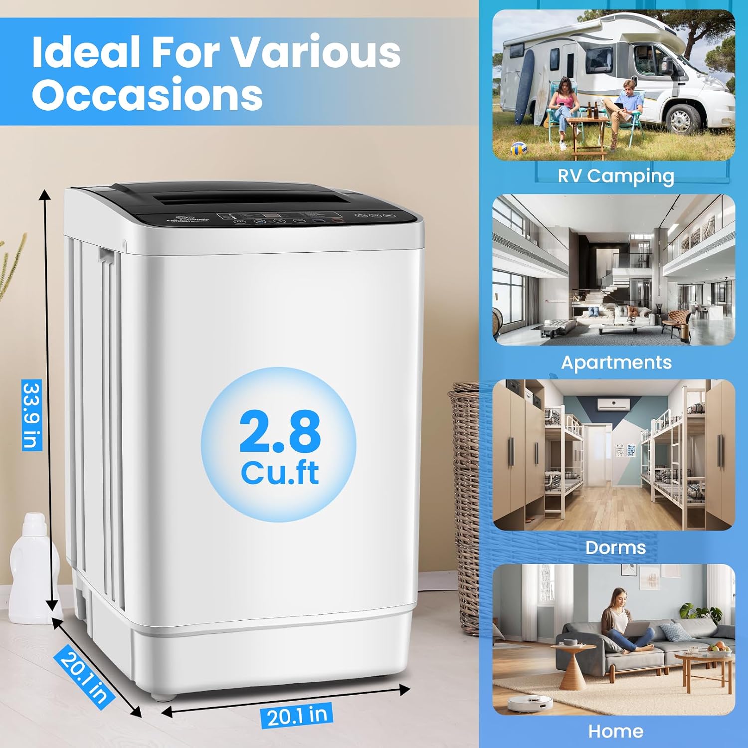 Nictemaw Portable Washing Machine, 20 lbs Capacity Full Automatic Portable Washer, 2.8Cu.ft Compact Washer Dryer Combo with 4 Wash Programs 4 Water Levels 3 Water Temp & Drain Pump for Home, RV, Dorm