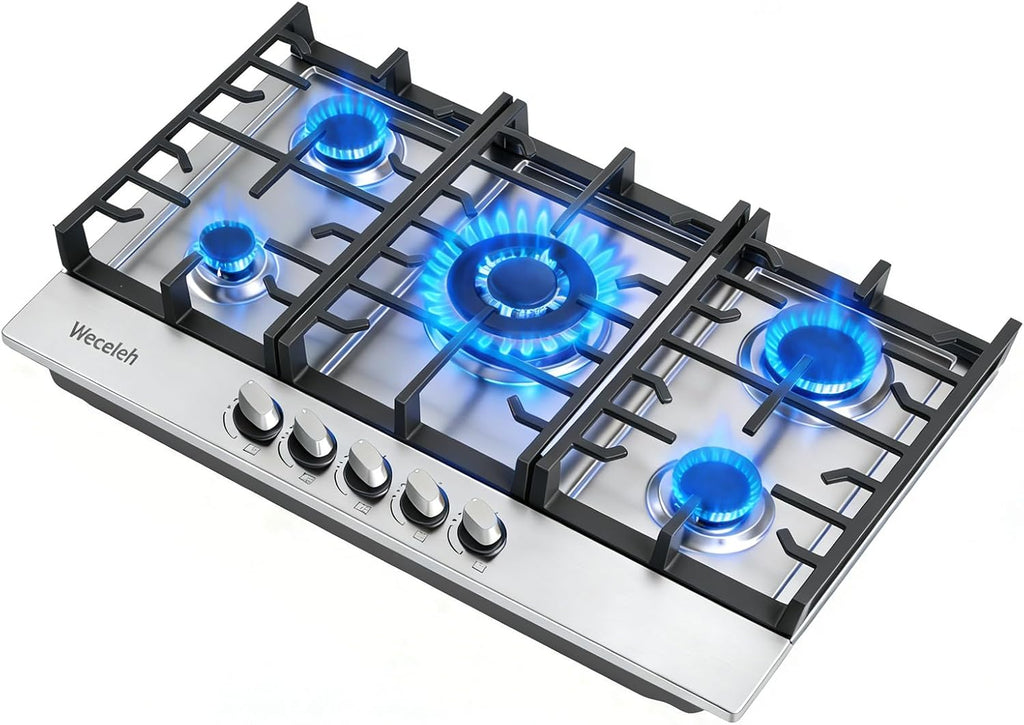 30 Inch Gas Cooktop, 5 Burners Built in Gas Stove Top, NG/LPG Convertible Propane Cooktop, Auto Ignition, Stainless Steel Surface, Cast Iron Grates, Thermocouple Protection, ETL