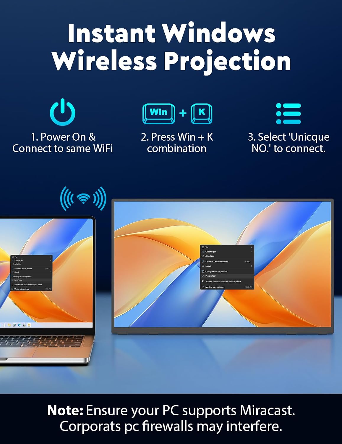 18.5' True Wireless Portable Monitor, 1080P FHD, 10000mAh Battery, Wireless Screen Mirroring (AirPlay/Miracast), Auto Rotation for Phone/Tablet, USB‑C & Mini HDMI, VESA, Protective Sleeve Included