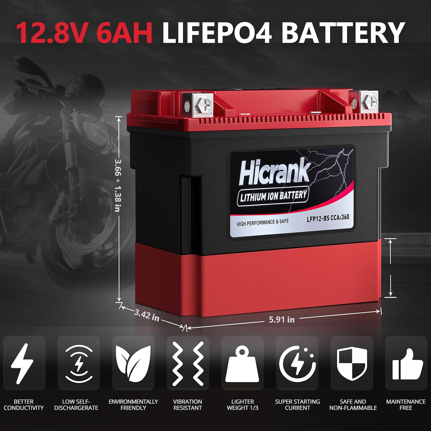 YTX12-BS 12V 6Ah,360CCA LiFePO4 Lithium Motorcycle Battery,Powersports Battery for Honda KTM Yamaha Harley Fit ATV, UTV, Motocross, Lawn Mower, Jet Ski, Polaris