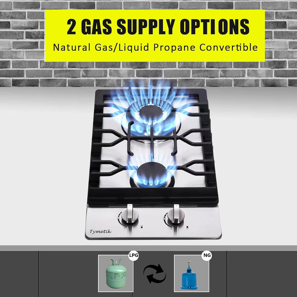 Bakysso Gas Cooktop 12 Inch, 2 Burners Gas Stovetop Built-in Stainless Steel Gas Stove Dual Fuel LPG/NG Convertible Gas Hob for RVs, Apartments, Outdoor, 12 Inch Stainless Steel