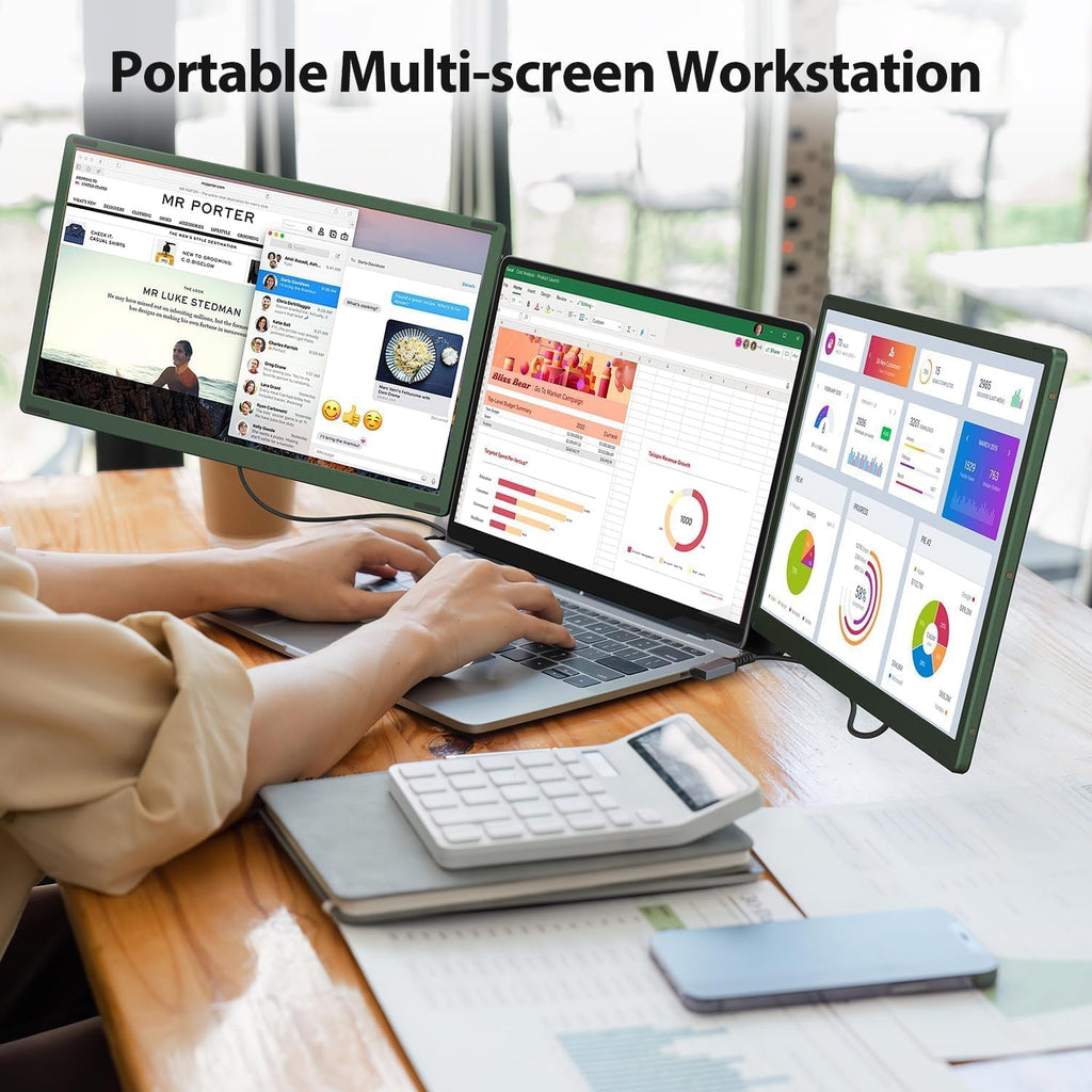APILDELLA 14'' Triple Laptop Screen Extender, 1080P FHD Portable Dual Monitor for Laptop USB C HDMI, Plug-Play Monitor Extender for Triple Display for Mac/Windows, Fit 13'-17.3' Laptops