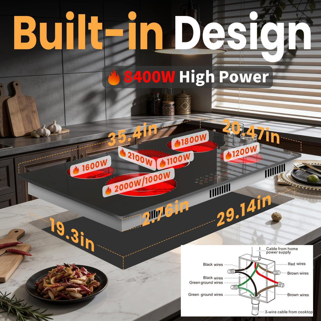 36 Inch Electric Cooktop Hobsir, 5 Burner Electric Stove Top 8400W, 220V Hardwired Built-in Cook top, Dual Ring & Oval Burners Touch Control, Fits All Cookware for Kitchen Holiday Feasts