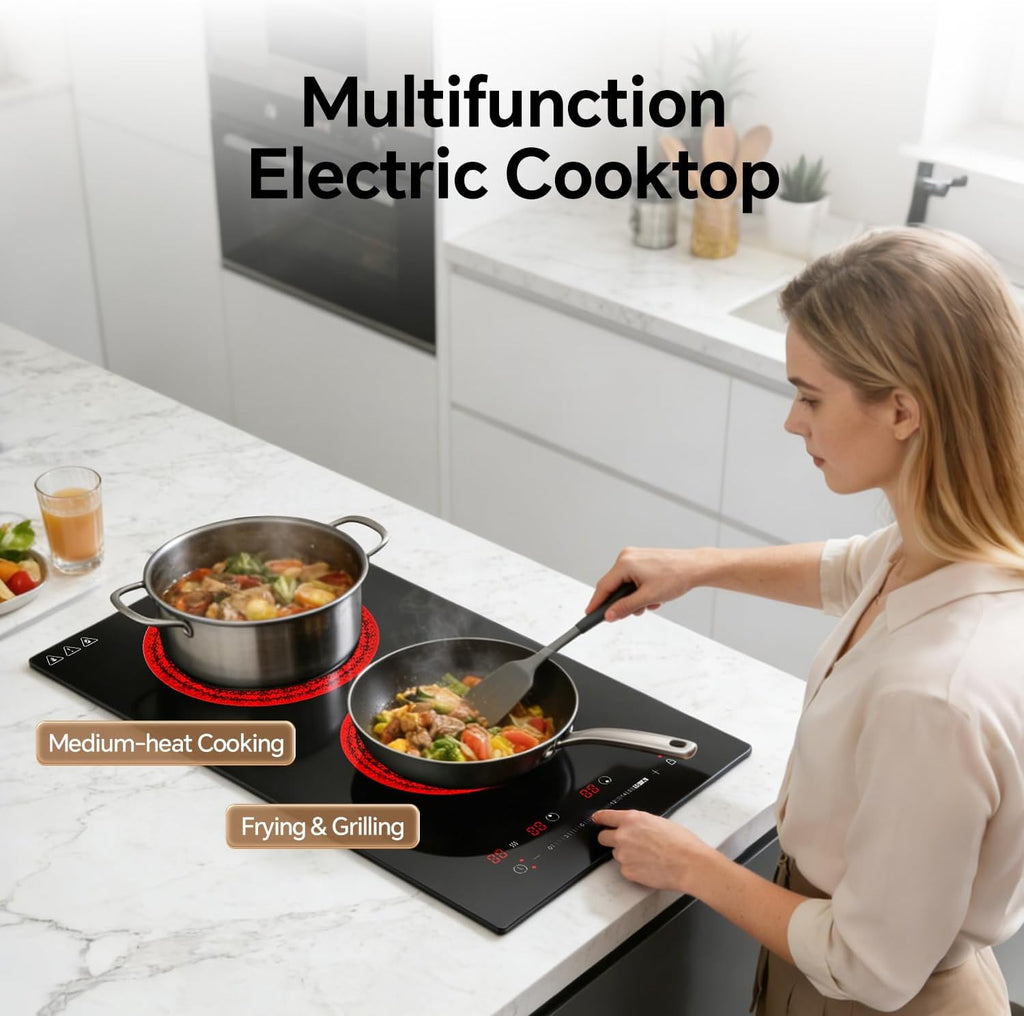 Ranein 12 Inch 2 Burner Electric Cooktop, Max 3000W 240V Ceramic Panel Built-in Electric Stove Top, with Child Safety Lock, Timer, Over-Temperature Protection