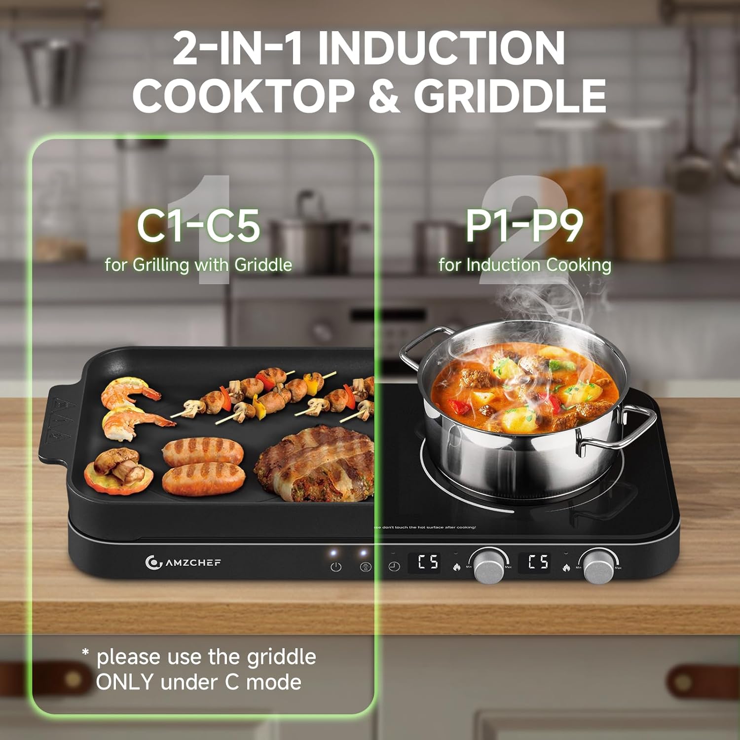 AMZCHEF Induction Cooktop 2 Burners & AMZCHEF Double Induction Cooktop with Removable Griddle Pan